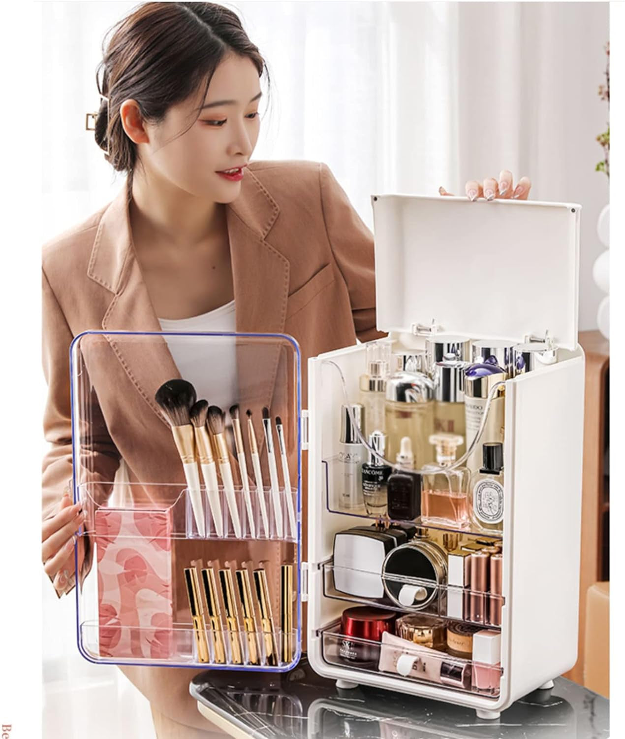 Grande Organizer per Trucchi a Doppia Porta Con 2 Cassetti, Organizer per Cosmetici Impermeabile E Antipolvere, 11 X 8 X 16, Bianco