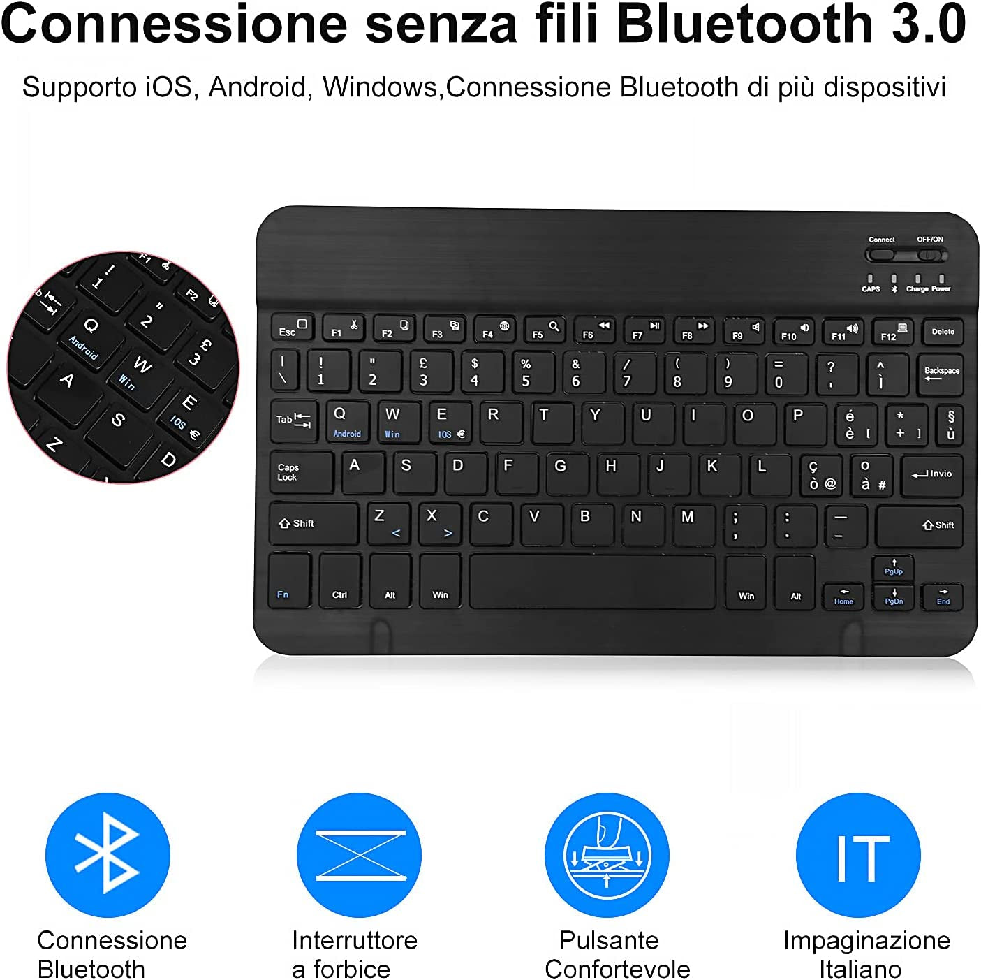 Custodia Con Tastiera Italiano per Ipad 10,2" 9A/8A/7A Generazione, Ipad 10,2" 2021/2020/2019/Ipad Air 3/Ipad Pro 10,5", Bluetooth Wireless Staccabile Magnetica, Nero