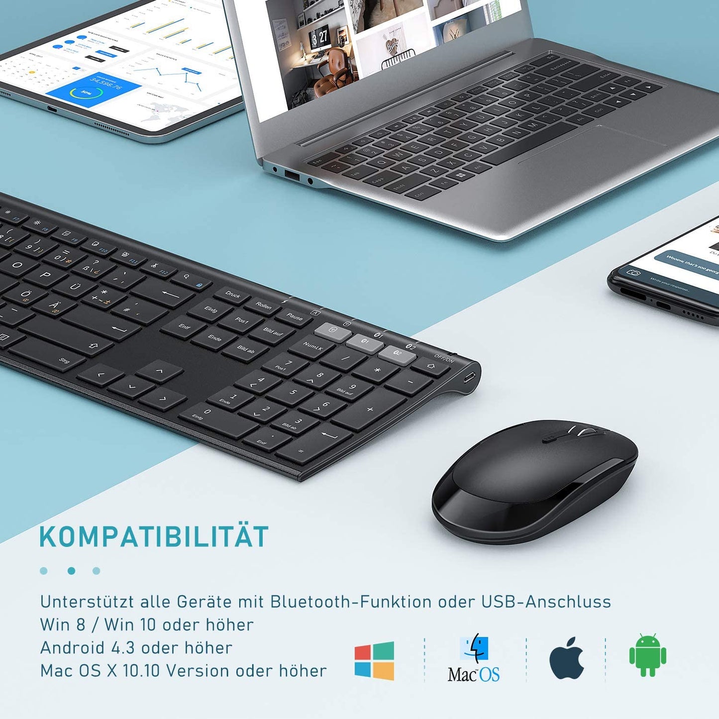 Tastiera Bluetooth Con Mouse Senza Fili, Dual Bluetooth E 2.4 G Chiavetta USB Senza Fili, Tastiera Wireless Ricaricabile Con Layout DE per Mac/Windows/Android – Nero