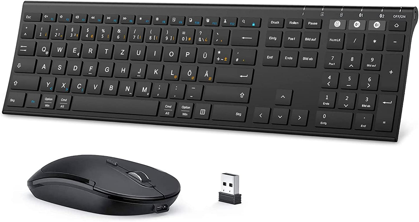 Tastiera Bluetooth Con Mouse Senza Fili, Dual Bluetooth E 2.4 G Chiavetta USB Senza Fili, Tastiera Wireless Ricaricabile Con Layout DE per Mac/Windows/Android – Nero