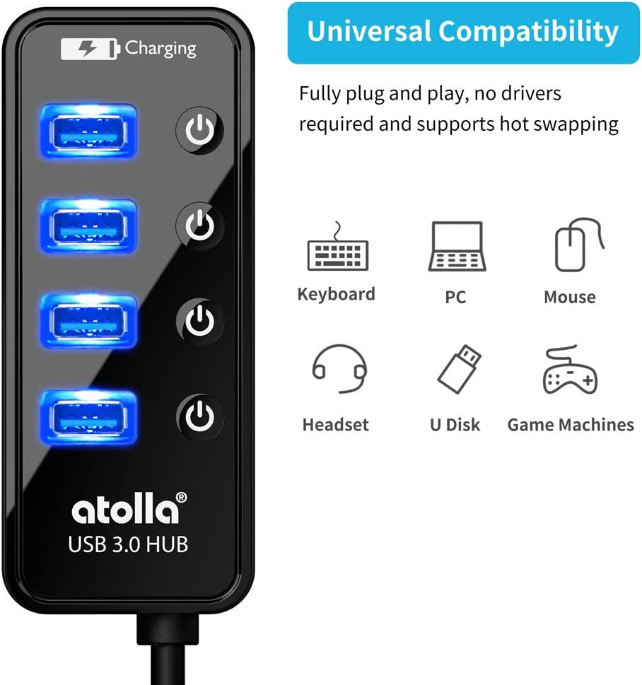 Hub USB Con Alimentatore, Hub USB 3.0 Attivo Con 4 Porte Superspeed Con Interruttore E 1 Porta Di Ricarica Intelligente E Adattatore Di Alimentazione 15 W (5 V/3 A)
