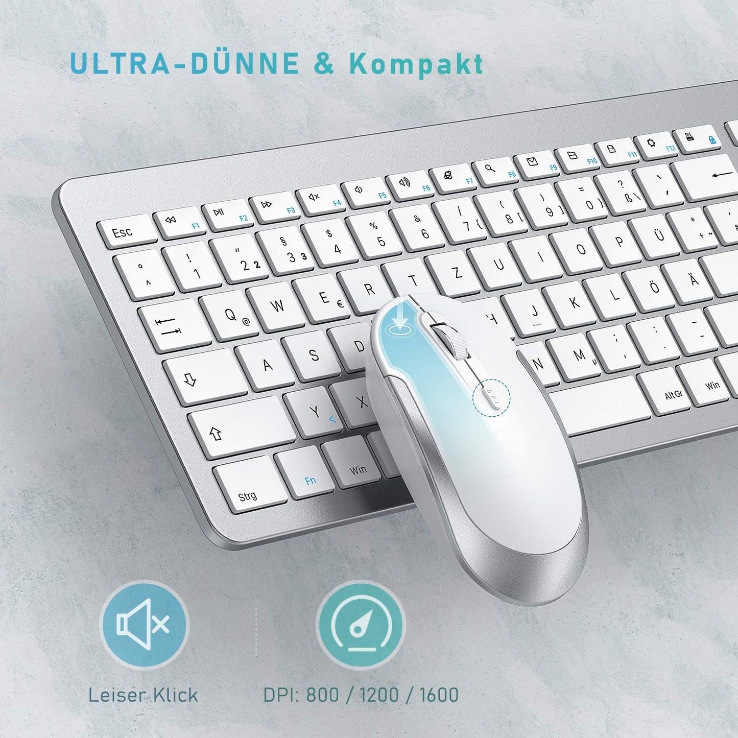 , Set Di Mouse Wireless Wireless Con Tastiera Ricaricabile (Dimensione Compatta), Ultra Sottile, Silenziosa, Ecc, Bianco E Argento