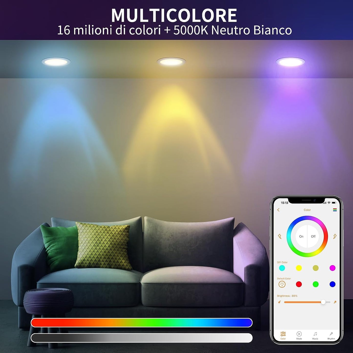 Faretti Led Da Incasso Colorati Smart Alexa, 10W 1000LM, 220V Faretti LED Soffitto Interno Rotondo Intelligente Bluetooth, RGB E Luce Fredda, Dimmerabile Con APP, Foro Ø95-110Mm, Set Di 4