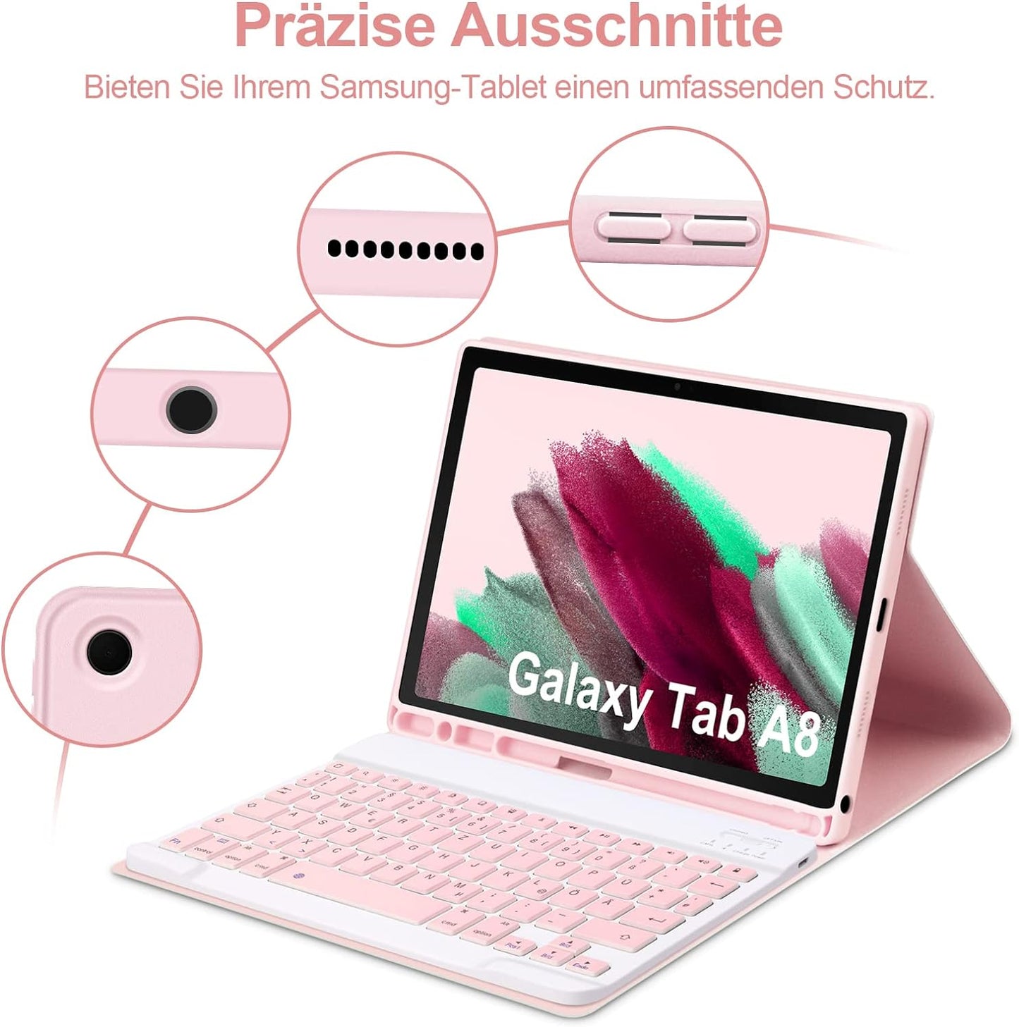 Custodia per Tastiera per Samsung Galaxy Tab A8 10,5" 2022, QWERTZ Tastiera Rimovibile Con Custodia Protettiva per Galaxy Tab A8 10,5 Pollici 2022 (SM-X200/X205/X207), Rosa