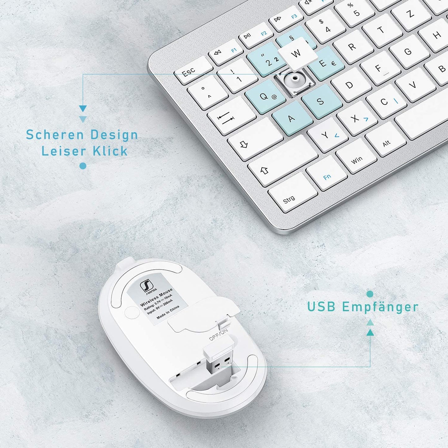 , Set Di Mouse Wireless Wireless Con Tastiera Ricaricabile (Dimensione Compatta), Ultra Sottile, Silenziosa, Ecc, Bianco E Argento