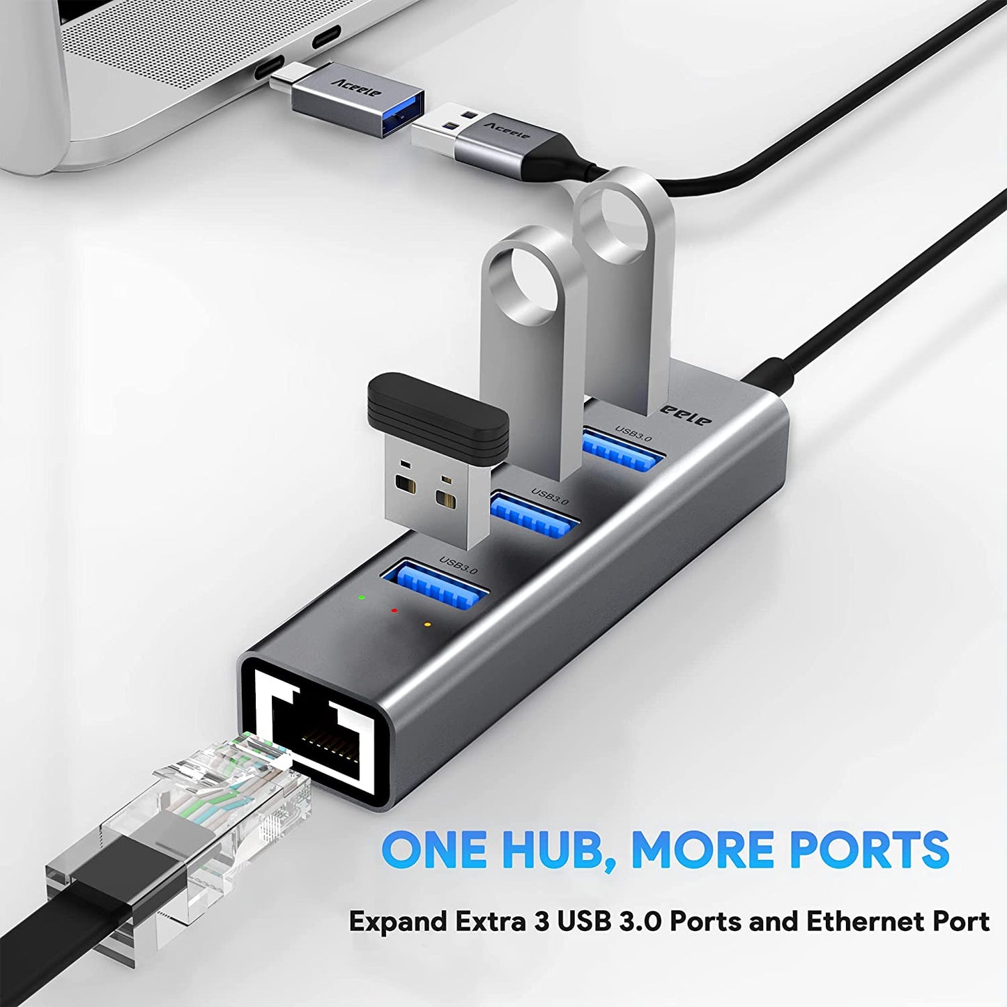 Adattatore Ethernet USB 3.0/USB C, Adattatore Thunderbolt 3 a Gigabit 4 USB 3.0 Compatibile Con Macbook Air/Pro, Ipad Pro/Air, Surface Pro 8, Galaxytab S8/S7, Galaxy S22/S21 E Computer USB-A