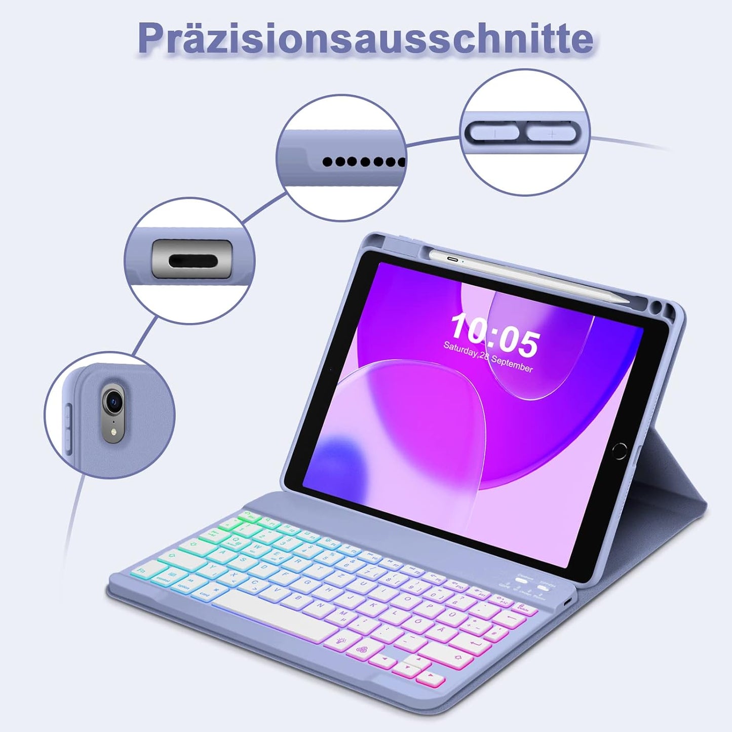 Custodia per Tastiera per Ipad 9.Gen 2021/8.Gen 2020/7.Gen 2019, Layout QWERTZ Magnetico Tastiera Retroilluminata, Custodia Con Portapenne per Ipad Da 10.2 Pollici, Viola