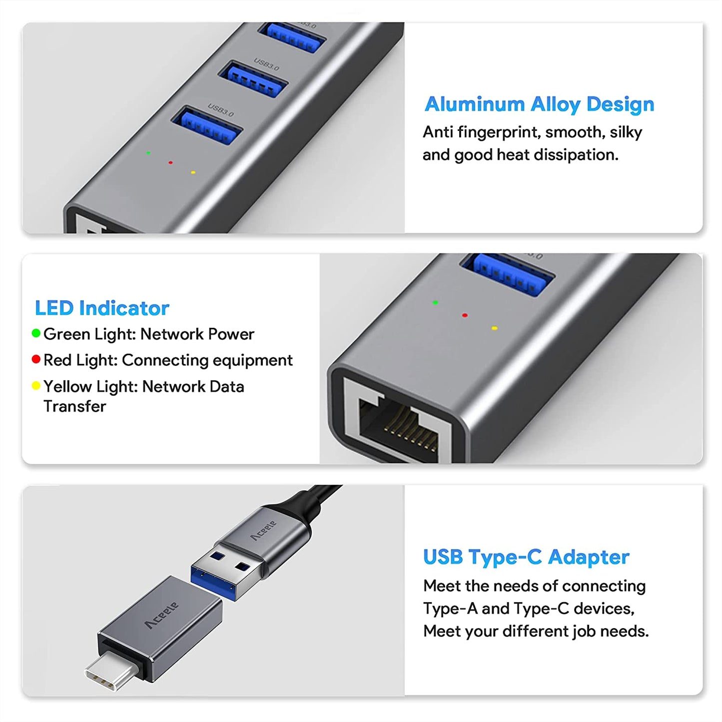 Adattatore Ethernet USB 3.0/USB C, Adattatore Thunderbolt 3 a Gigabit 4 USB 3.0 Compatibile Con Macbook Air/Pro, Ipad Pro/Air, Surface Pro 8, Galaxytab S8/S7, Galaxy S22/S21 E Computer USB-A