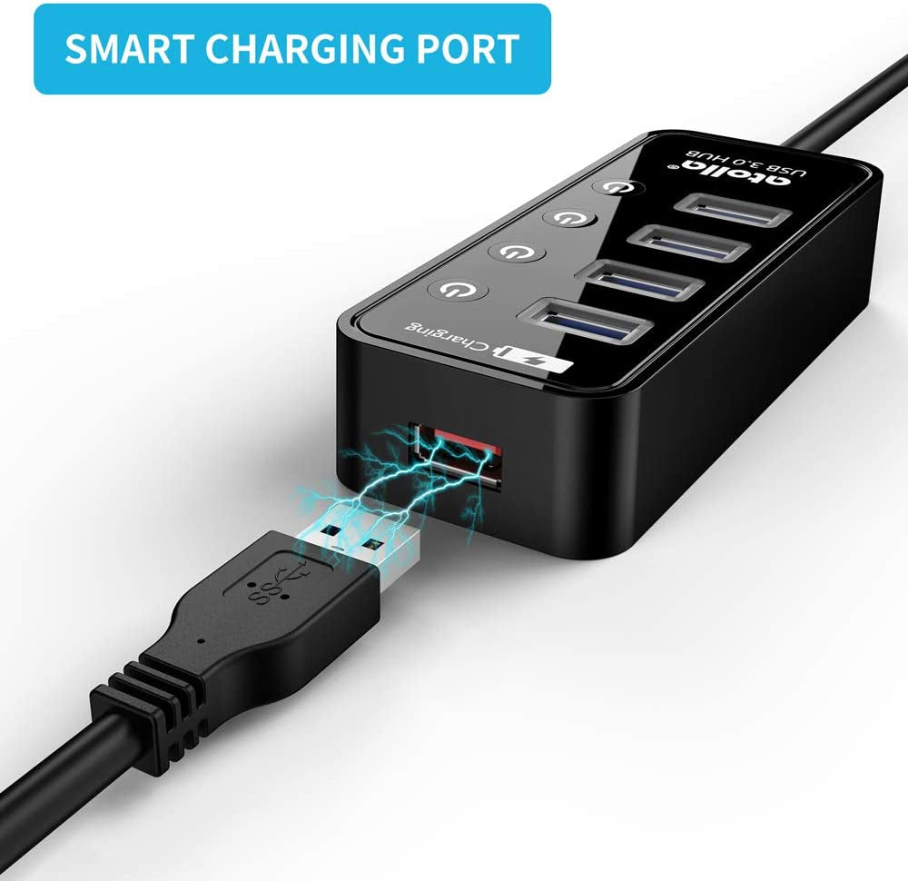 Hub USB Con Alimentatore, Hub USB 3.0 Attivo Con 4 Porte Superspeed Con Interruttore E 1 Porta Di Ricarica Intelligente E Adattatore Di Alimentazione 15 W (5 V/3 A)
