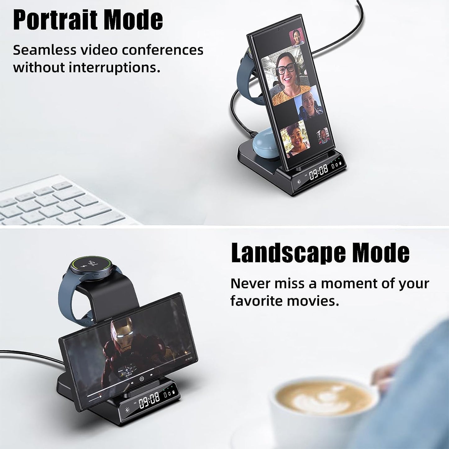 Caricatore Wireless Con Orologio Digitale per Samsung Galaxy S24 Ultra, Stazione Di Ricarica Wireless per Galaxy Watch 6 5Pro, Caricatore Wireless per S23 Ultra Z Flip 5 Galaxy Buds Pro 2