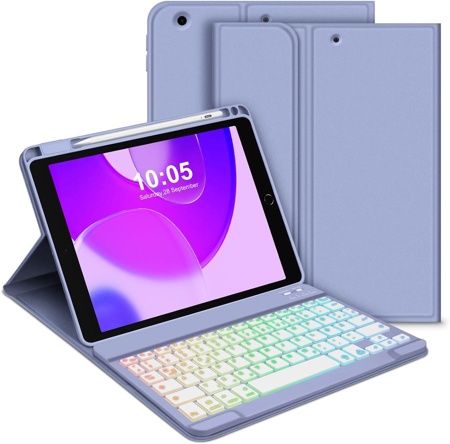 Custodia per Tastiera per Ipad 9.Gen 2021/8.Gen 2020/7.Gen 2019, Layout QWERTZ Magnetico Tastiera Retroilluminata, Custodia Con Portapenne per Ipad Da 10.2 Pollici, Viola