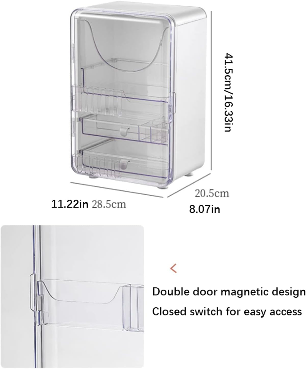 Grande Organizer per Trucchi a Doppia Porta Con 2 Cassetti, Organizer per Cosmetici Impermeabile E Antipolvere, 11 X 8 X 16, Bianco
