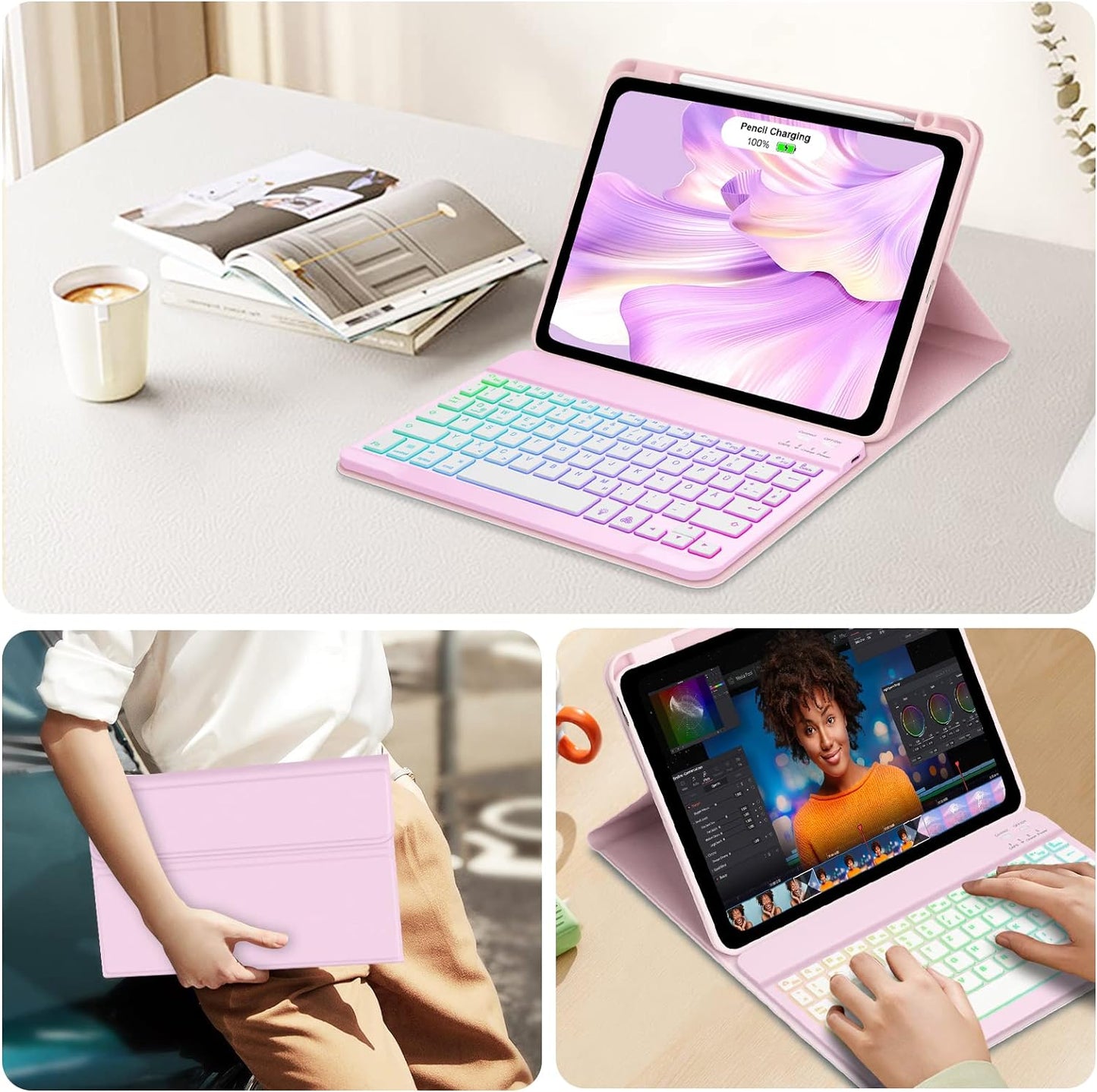 Custodia per Tastiera Ipad Air 4/5A Generazione, Layout QWERTZ, Magnetica, Tastiera Retroilluminata, Con Portapenne, per Ipad Air 4.Gen 2020/Air 5.Gen 2022 10.9 Pollici, Rosa