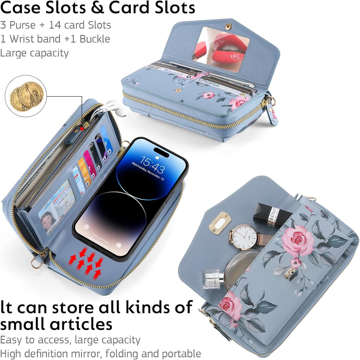 Custodia a Portafoglio per Iphone 14 Pro Max Cover Cellulare [Pelle PU Premium] [Slot per Scheda] [Chiusura Magnetica] Custodia Protettiva RFID Borsa a Tracolla Cover Cellulare - Blu