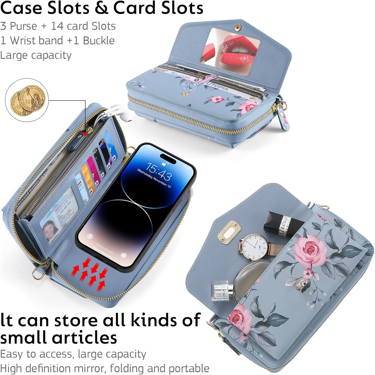 Custodia a Portafoglio per Iphone 14 Pro Max Cover Cellulare [Pelle PU Premium] [Slot per Scheda] [Chiusura Magnetica] Custodia Protettiva RFID Borsa a Tracolla Cover Cellulare - Blu
