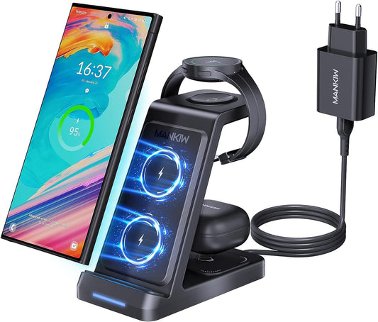 Caricatore Wireless per Samsung,3 in 1 Ricarica Wireless per Samsung S24/S23/S22/S21/S20, Z Fold 5/4/3, Note20/10 Ultra, Watch 6/5/4/3/Active, Buds2/+/Pro/Live