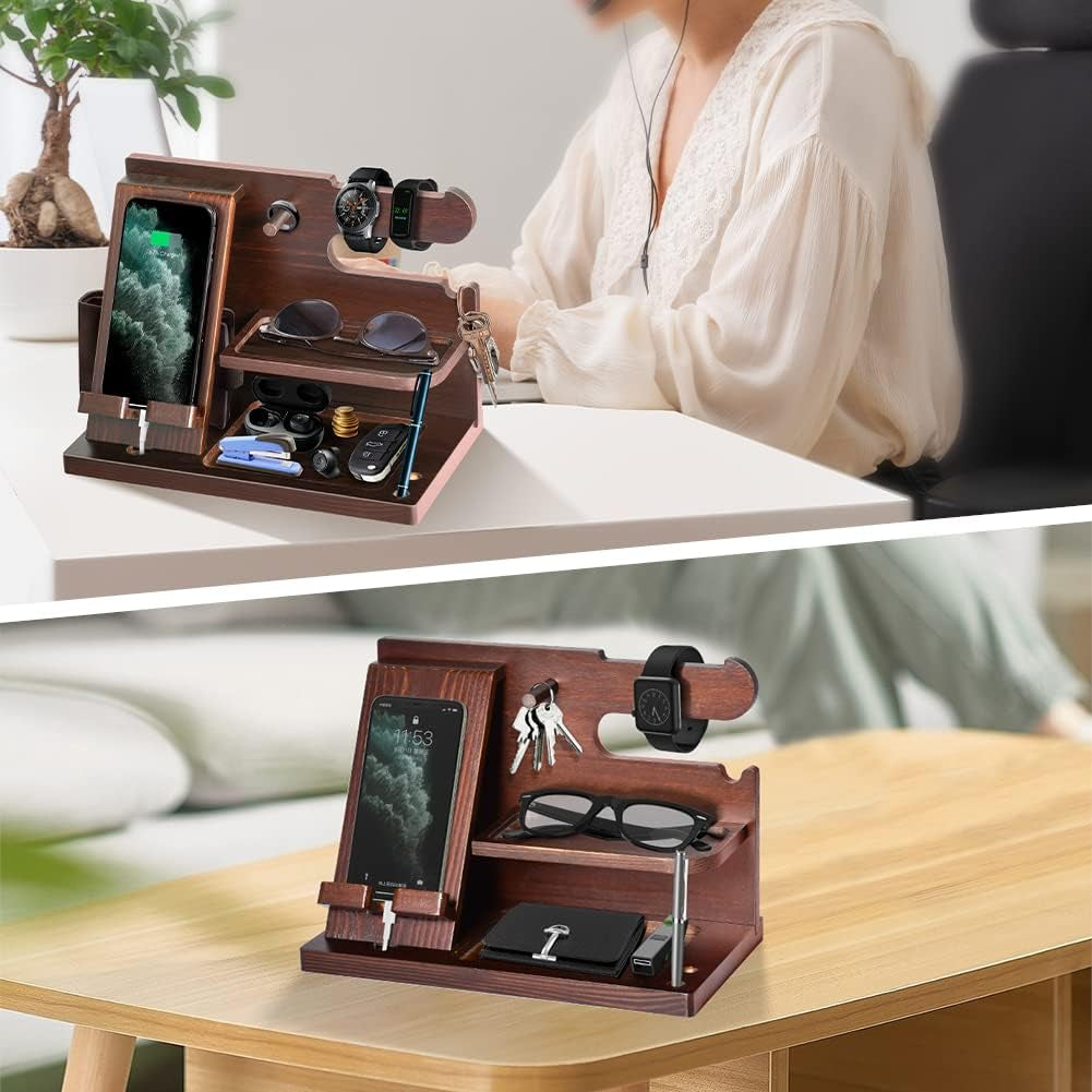 Regalo Uomo Docking Station in Legno per Telefono Supporto Portafoglio Orologio Con Ganci Regalo Papà Regalo San Valentino per Lui Anniversario Compleanno Regalo per Marito Festa Del Papa Idee Regalo