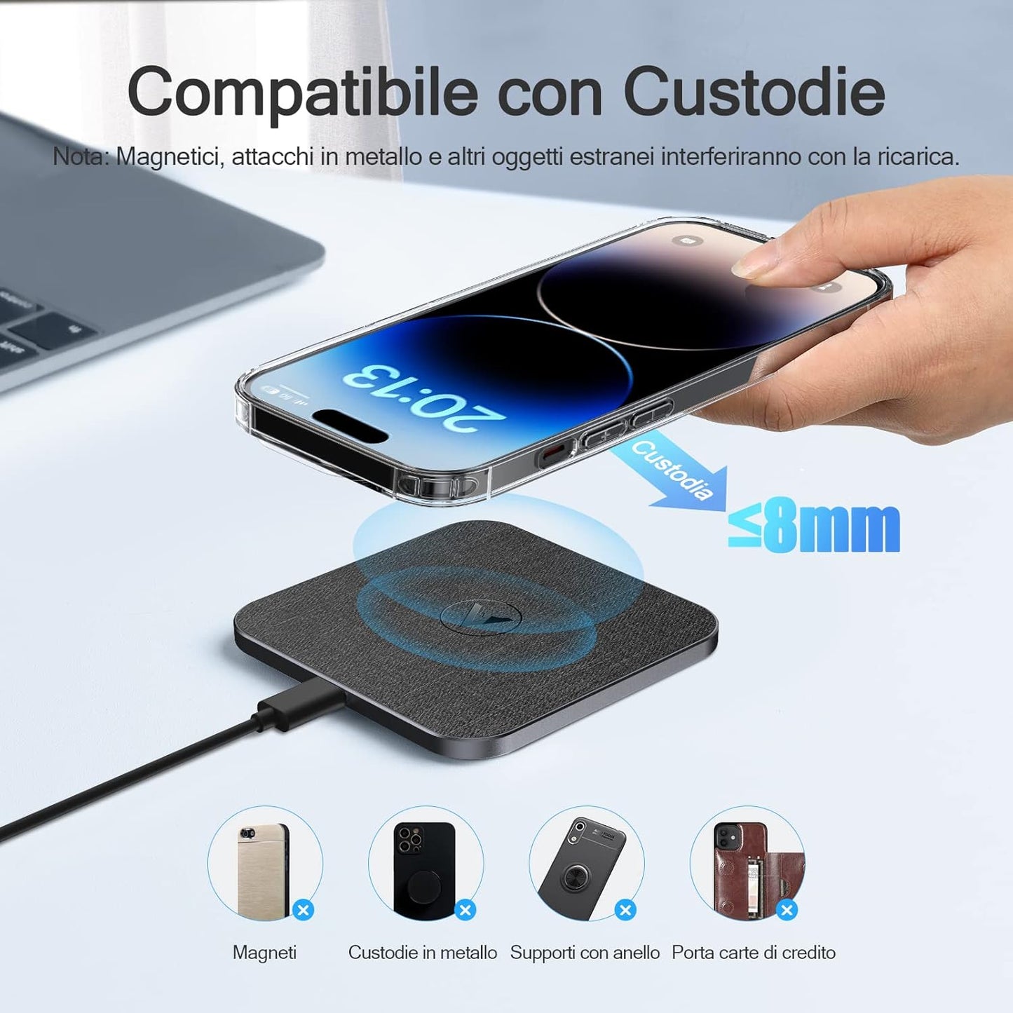 15W Caricatore Wireless Veloce Qi Rapida, Caricabatterie Wireless per Iphone 15/14/13/12/11/X/XS/8P, Airpods, Galaxy S24/23/S22, Pixel, Huawei, Xiaomi (Pelle Nera)