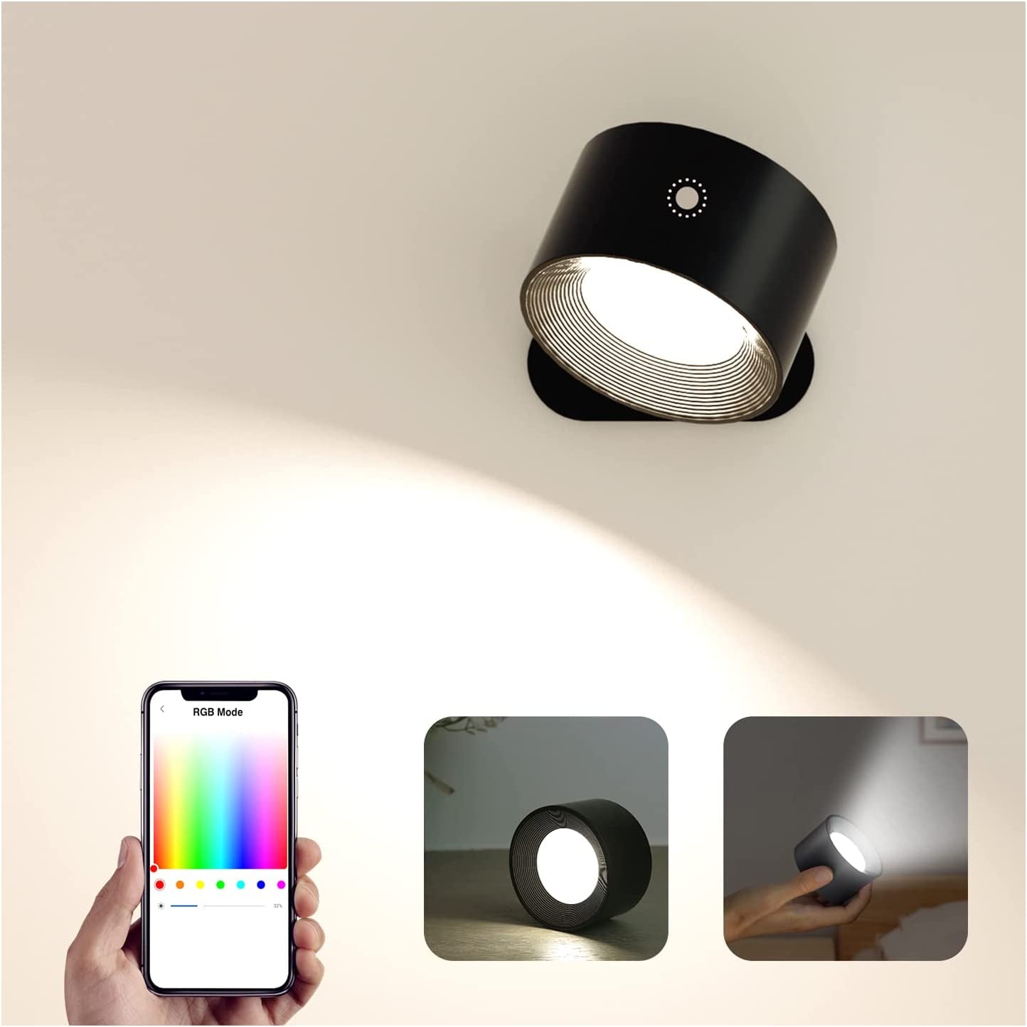 Lampada Da Parete per Interni, Smart, Dimmerabile, Con Batteria, Con Porta Di Ricarica USB, a LED, Controllo Touch, 3 Livelli Di Luminosità, 16 Milioni Di Colori, Girevole a 360°, per Soggiorno