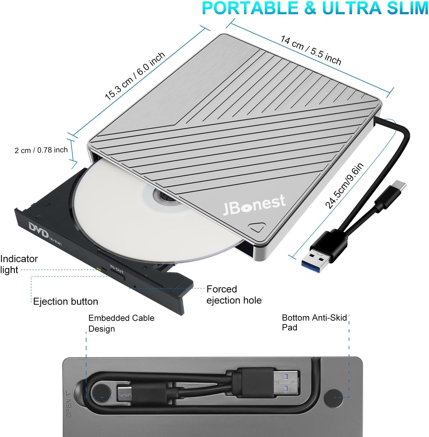 Unità CD DVD Esterna USB 3.0 Tipo C, CD DVD Drive Esterno Con Lettore Di Schede SD/TF Portable CD DVD RW Masterizzatore, Trasferimento Dati Veloce per Laptop, Desktop, Macbook, Win11/10/8/7/Xp, Linux, Mac OS, Vista