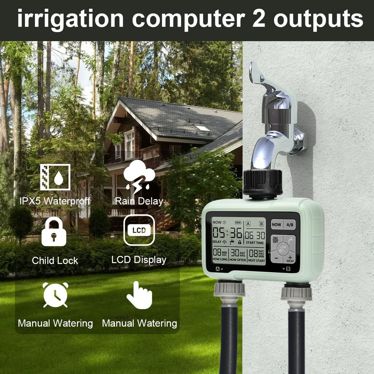 Computer per L'Irrigazione Con 2 Uscite Controllate in Modo Indipendente, Timer Digitale per L'Acqua  Con Display LCD, Controller per L'Irrigazione Automatica/Manuale
