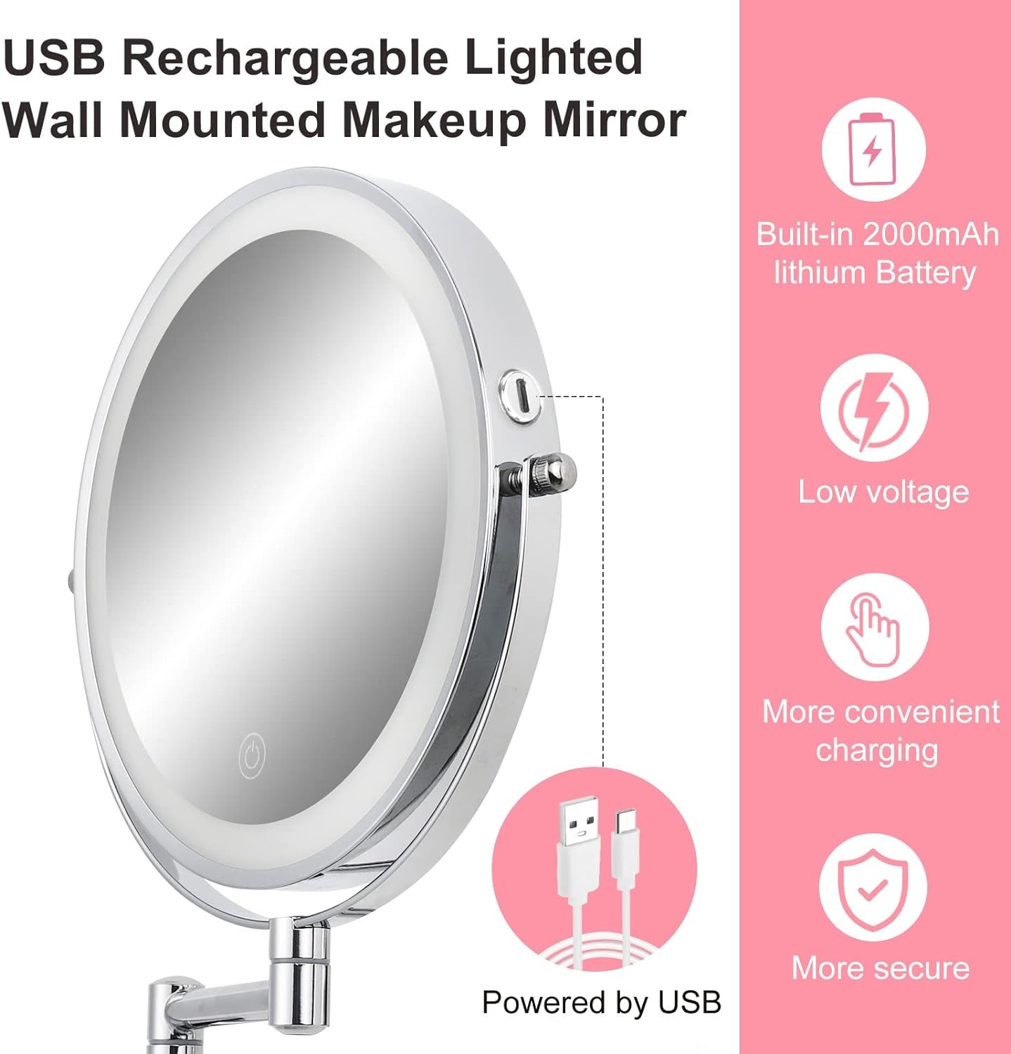 Specchio Da Trucco Illuminato Da Parete Da 8 Pollici, Specchio Cosmetico Con Ingrandimento 1X/10X Su Entrambi I Lati Con Luci, Specchio Cosmetico a 54 LED Da Parete, Specchio Da Barba Da Bagno