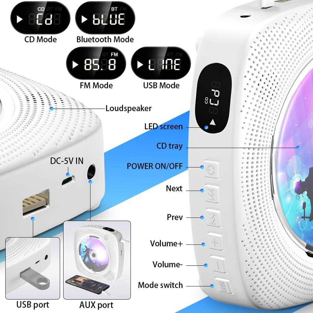 Lettore CD Portatile Con Bluetooth  Lettore CD Montabile a Parete Altoparlanti Hifi Integrati Con Display LCD Audio Domestico Boombox Radio FM Lettore Musicale USB MP3