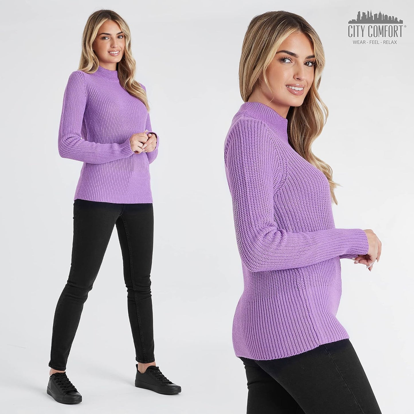 Maglione da donna con collo alto, maglione da donna lavorato a maglia