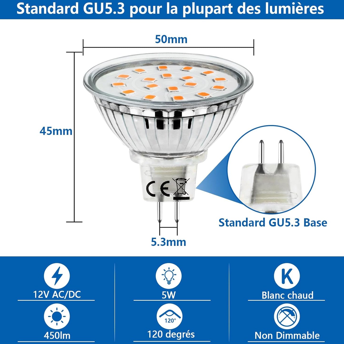 Confezione Da 10 Lampadine LED MR16 GU5.3, Bianco Caldo 3000K, 5W Equivalente a Lampadina Alogena 45W, AC/DC 12V LED Spot MR16 Luminoso 480LM, Angolo Di Emissione 120° Ø50X45Mm, Non Dimmerabile