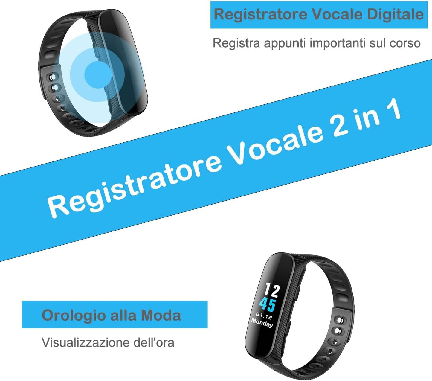 Registratore Vocale, 16GB Registratore Vocale Bracciale Professionale Con Attivazione Vocale E Lettore MP3, Orologio Con Registratore Vocale Ricaricabile USB per Riunioni Interviste Lezioni