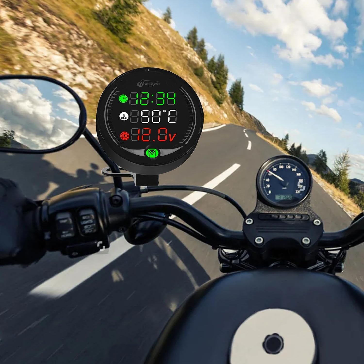 Contatore Moto LED 5 in 1, Termometro Digitale per Moto + Voltmetro ATV + Orologio Elettronico + Cronografo + Caricatore USB, Termometro Acqua Multifunzione Con Sensore per Moto