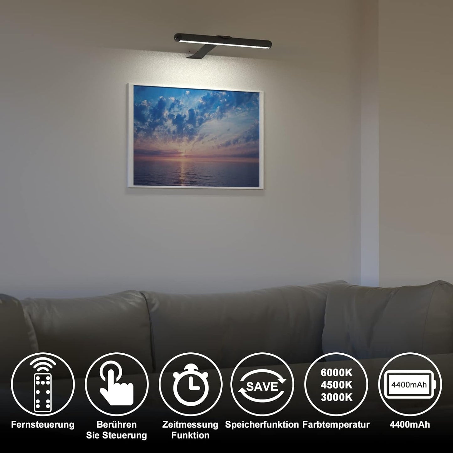 Lampada per Quadri Wireless Ricaricabile, 2 in 1 Luce per Pittura Con Telecomando, 300LM Batteria Luci Da Esposizione Dimmer, 3 Modalità Luce Da Parete Magnetica per Opere Darte (Black-40Cm)