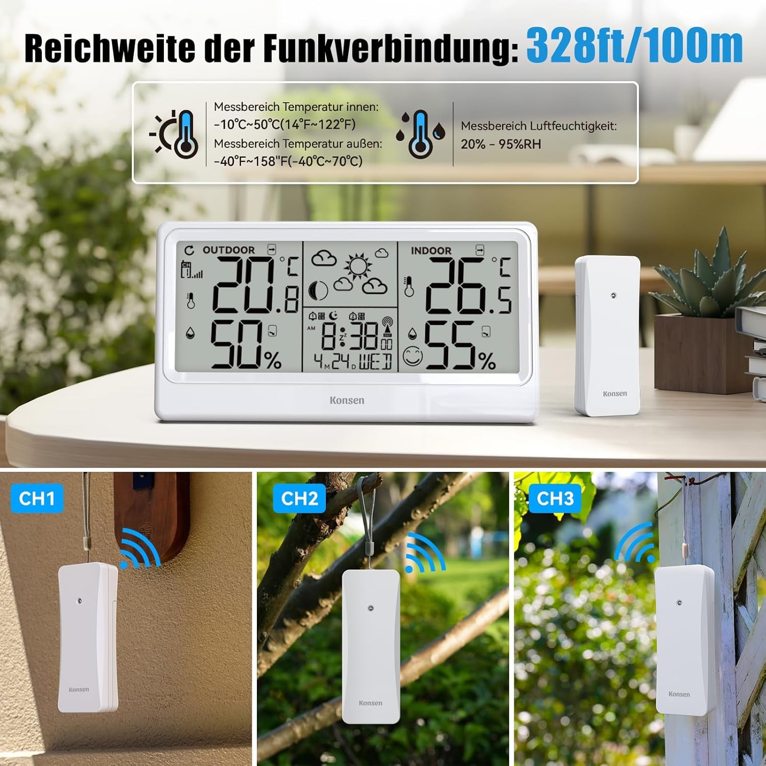 Stazione Meteo Radio Con Sensore Esterno, Orologio Radio DCF, Termometro Digitale, Igrometro Alimentato a Batteria, per Interni Ed Esterni, Con Previsioni Meteo, Bianco