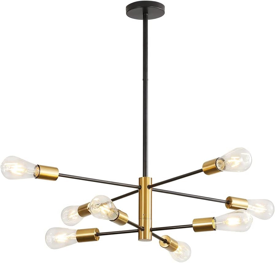 Lampadario Vintage, Lampada a Sospensione Industriale Neri/Oro, 8-Luci E27 Angolo Regolabile Di 360° Lampadario Soggiorno Camera Da Letto Sala Da Pranzo, Dia73Cm (Lampadine Non Incluse)