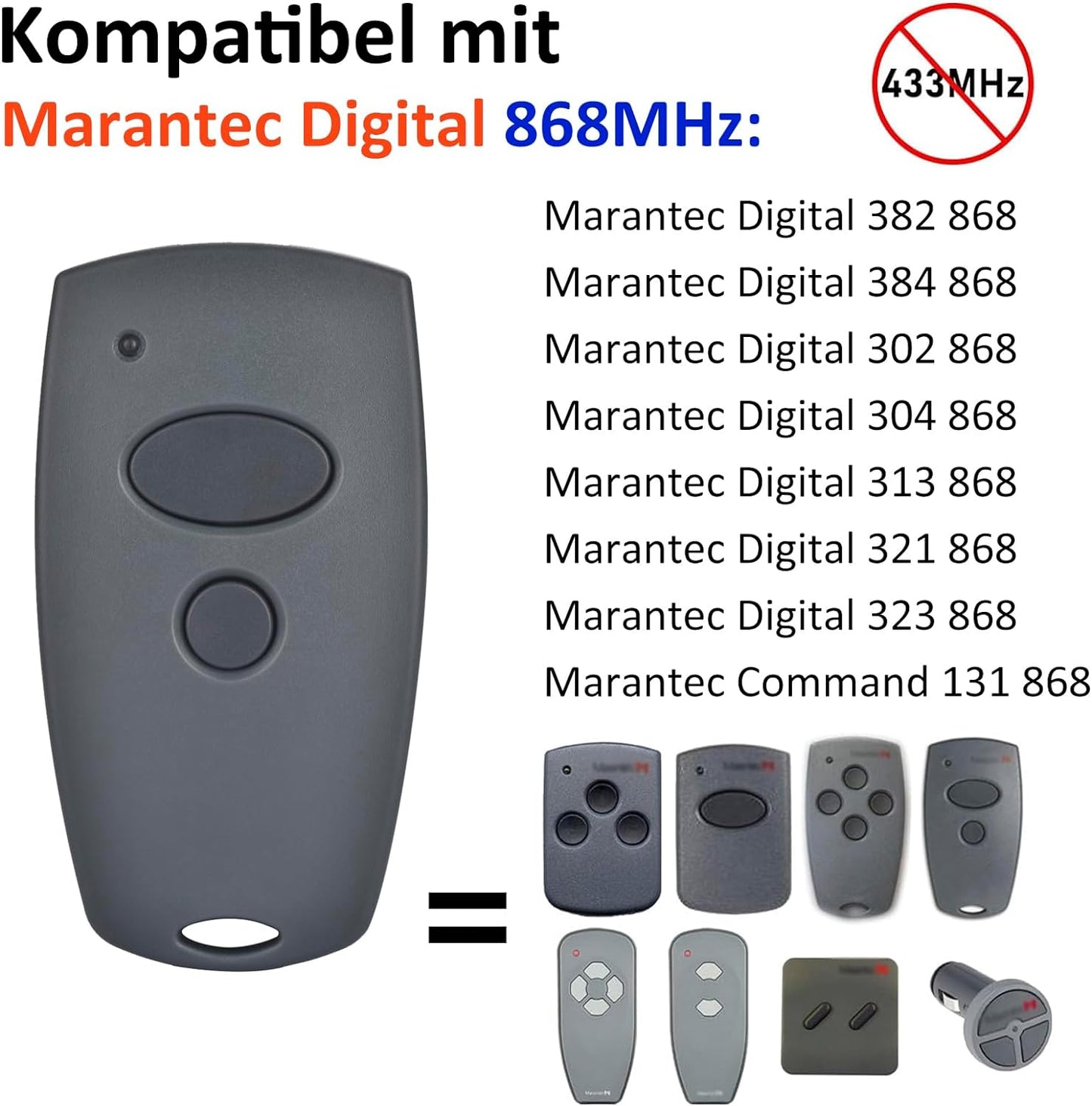 868,3 Mhz Apriporta Garage, Telecomando Compatibile Con 868 Mhz Marantec Digital 302, 384, 304, 313, 321, 323, 131 868, Trasmettitore Manuale 2 Pezzi
