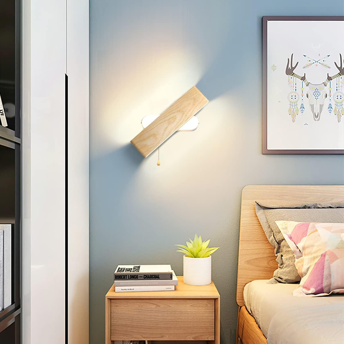 Applique Da Parete LED, Lampada Da Parete Interno Con Interruttore in Legno 360° Girevole LED Applique per Soggiorno Camera Da Letto Corridoio Bianca Calda Lampada a Muro (32Cm)