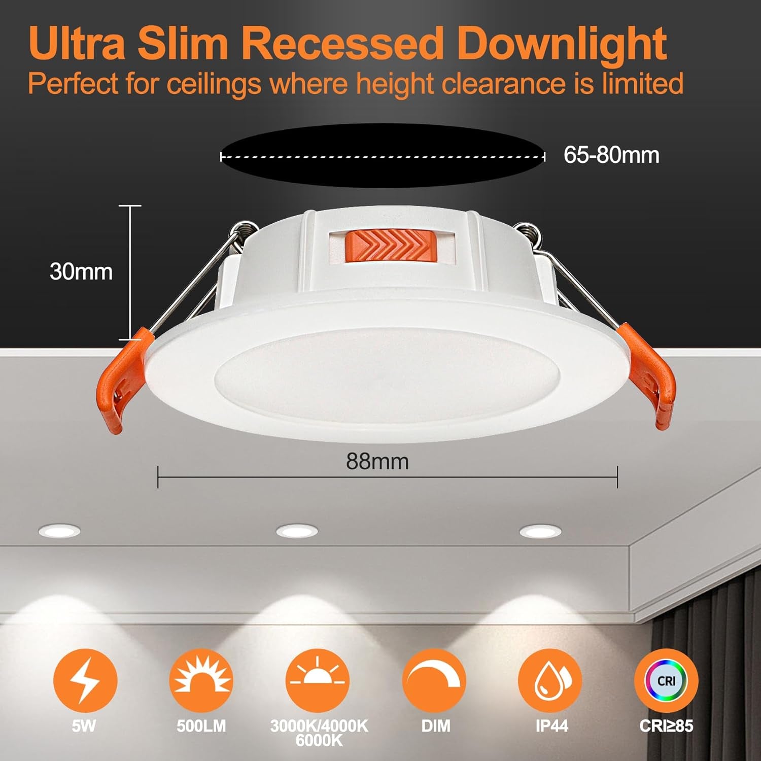 Faretto LED Da Incasso Dimmerabile, Extra Piatto, 5 W, Faretto Impermeabile Da Bagno, IP44, Plafoniera a LED, 500 Lm, 3000 K, 4000 K, Diametro Del Foro 68 – 80 Mm, per Camera Da Letto,