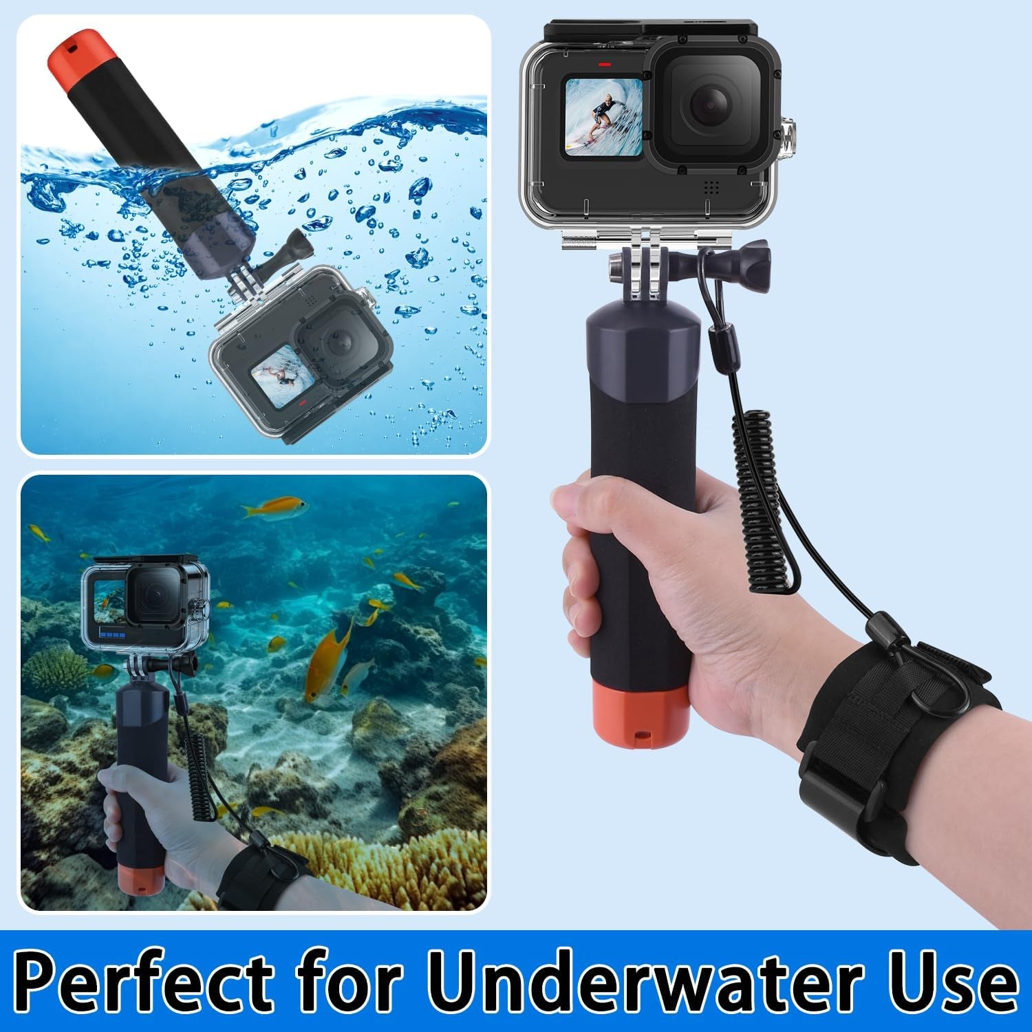 Maniglia Galleggiante + Custodia Impermeabile Set Di Accessori per Gopro Hero 13 12 11 10 9 Black, Impugnatura Galleggiante per Fotocamera, Custodia Protettiva E Cordino Da Polso Sicuro