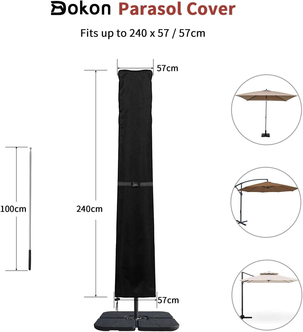 Copertura per Ombrellone a Braccio Decentrato Impermeabile, Tessuto Oxford 420D, Antivento, Anti-Uv Copertura Ombrellone Da Giardino Con Cerniera (240X57/57Cm) - Nero