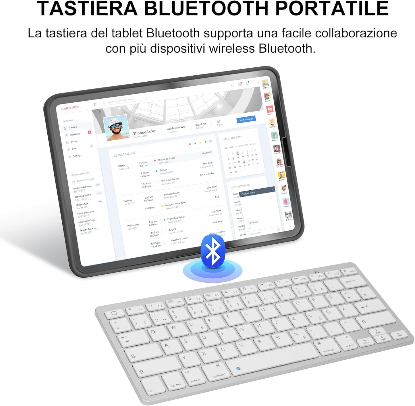 Tastiera Bluetooth Italiana, Wireless Tastiera Portatile Light per Tablet Ipad, Samsung, Huawei, Ios, Android, Windows E Qualsiasi Dispositivo Abilitato Bluetooth, Bianco