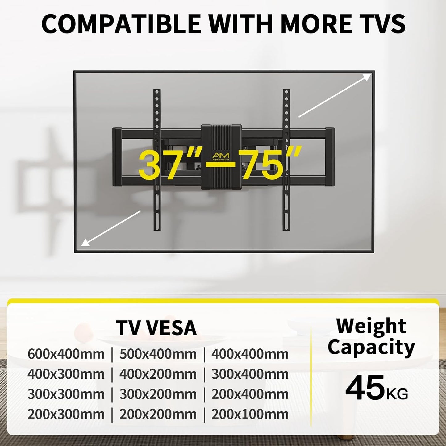 Supporto TV Parete per 37-75 Pollici Schermi Fino a 45 Kg, Staffa Tv Con Doppie Braccia, Girevole, Estensione E Inclinazione, Supporto a Parete Con Max VESA 600X400 Mm, APLF6-E