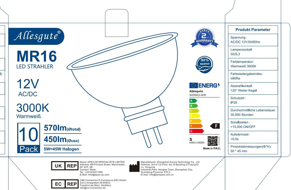 Confezione Da 10 Lampadine LED MR16 GU5.3, Bianco Caldo 3000K, 5W Equivalente a Lampadina Alogena 45W, AC/DC 12V LED Spot MR16 Luminoso 480LM, Angolo Di Emissione 120° Ø50X45Mm, Non Dimmerabile