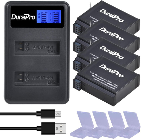 Batterie AHDBT-401 (4 Confezioni) 1500 Mah + LCD Dual USB Charger per Gopro 4 Batteria Gopro Hero 4 Nero/Argento Batterie Fotocamera