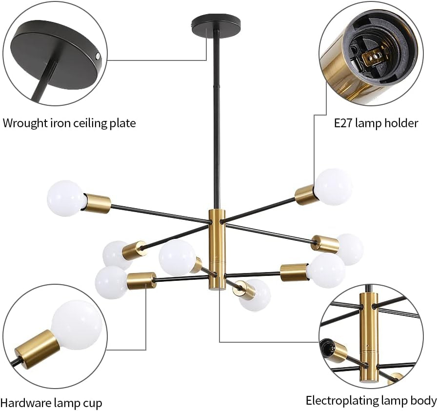 Lampadario Vintage, Lampada a Sospensione Industriale Neri/Oro, 8-Luci E27 Angolo Regolabile Di 360° Lampadario Soggiorno Camera Da Letto Sala Da Pranzo, Dia73Cm (Lampadine Non Incluse)