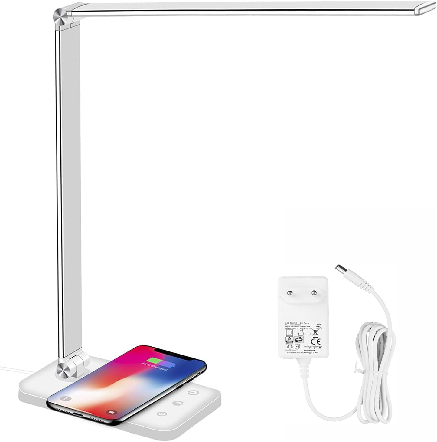 Lampada Scrivania LED, Lampada Da Tavolo, Caricatore Wireless 10W, Ricarica USB 5V/2A, 10 Luminosità X 5 Temperature Di Colore, Protezione Degli Occhi, Dimmerabile per Lettura, Studio, Ufficio