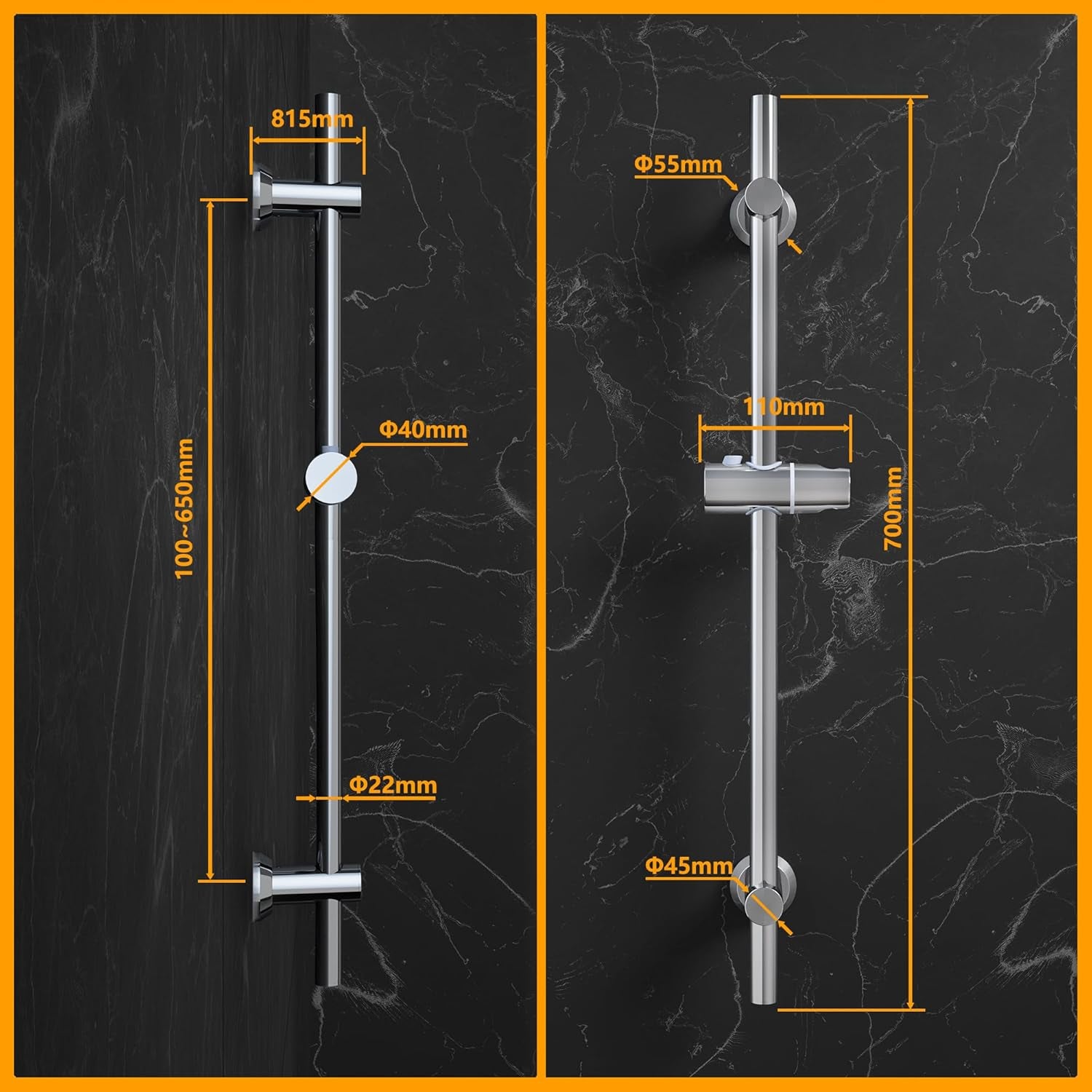 Colonna Doccia Barra Doccia 70Cm in Acciaio Inox, Set Asta Doccia Saliscendi Cromata Con Supporto per Soffione Doccia E Fissaggi a Parete Variabili per Adattarsi Ai Fori Esistenti