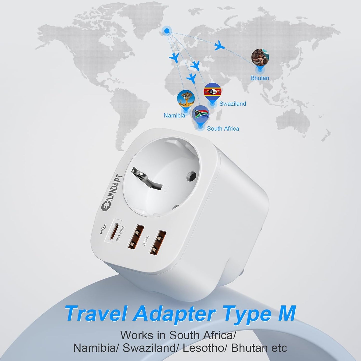 Adattatore Da Viaggio Dalla Germania Al Sud Africa, Adattatore Da Viaggio Tipo M Con 3 USB E 1 USB C Da 20 W PD, Adattatore per Presa Sudafrica, Namibia, Lesotho, Mozambico