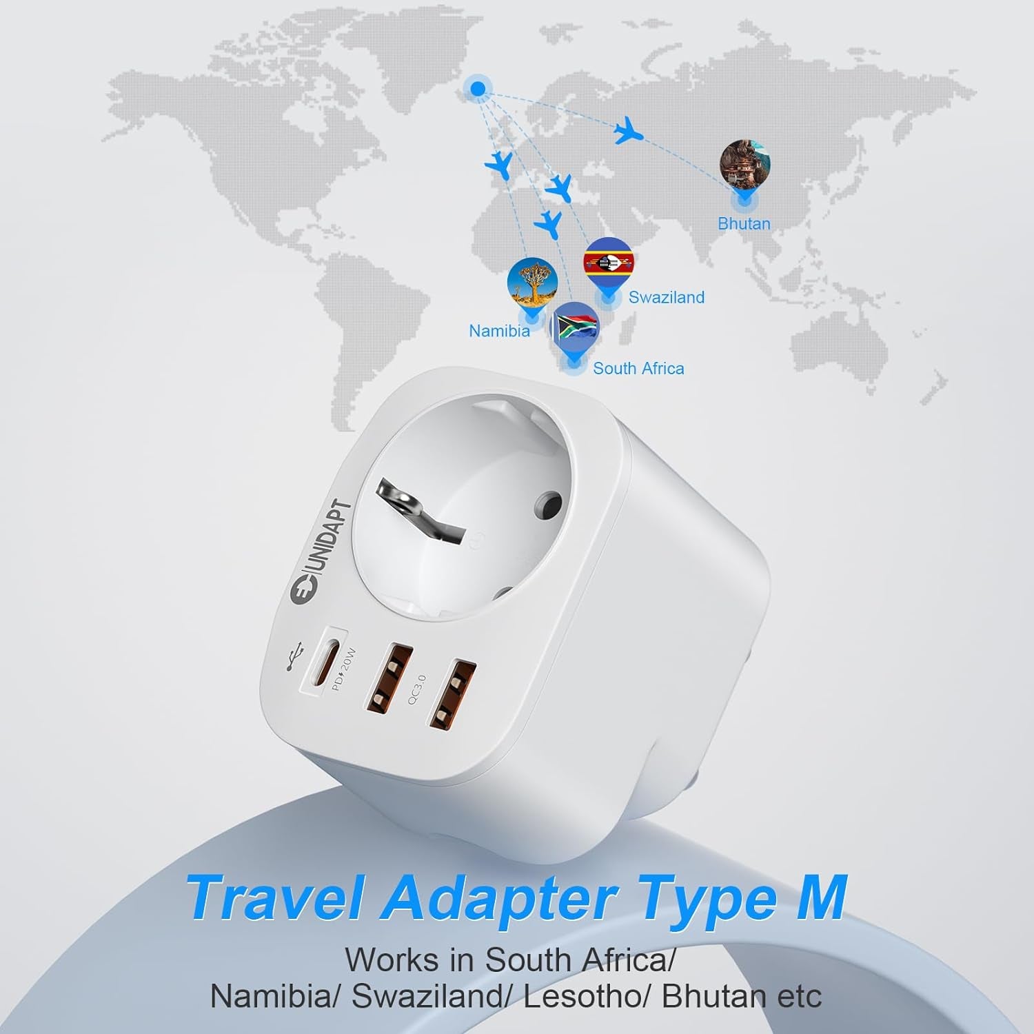 Adattatore Da Viaggio Dalla Germania Al Sud Africa, Adattatore Da Viaggio Tipo M Con 3 USB E 1 USB C Da 20 W PD, Adattatore per Presa Sudafrica, Namibia, Lesotho, Mozambico