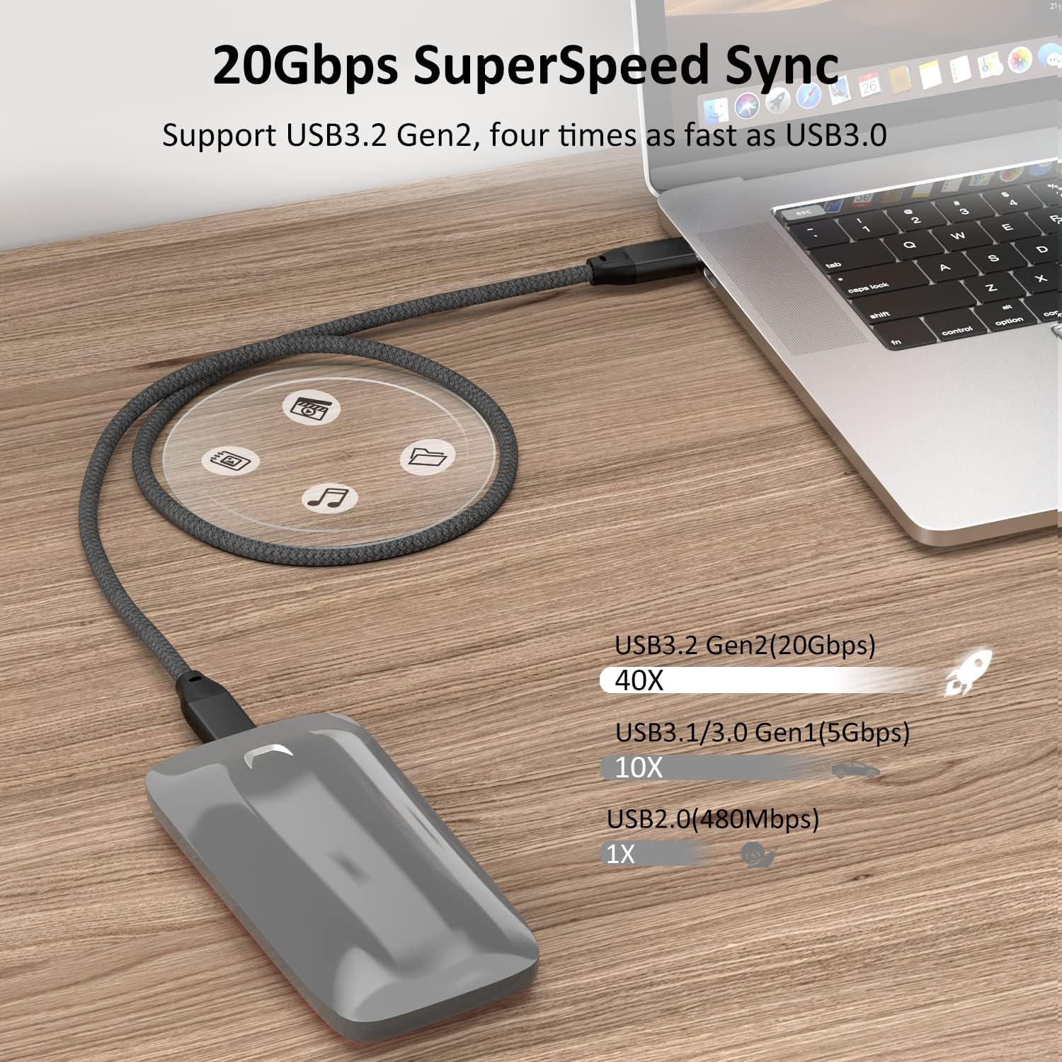 Cavo USB C a USB C 100W 3M (2 Pezzi), USB 3.2 Gen 2X2 20Gbps Trasferimento Dati USB Tipo C PD Ricarica Rapida Cavo in Nylon,Cavi per Monitor Video 4K per Macbook M3, Ipad Pro, Galaxy S24