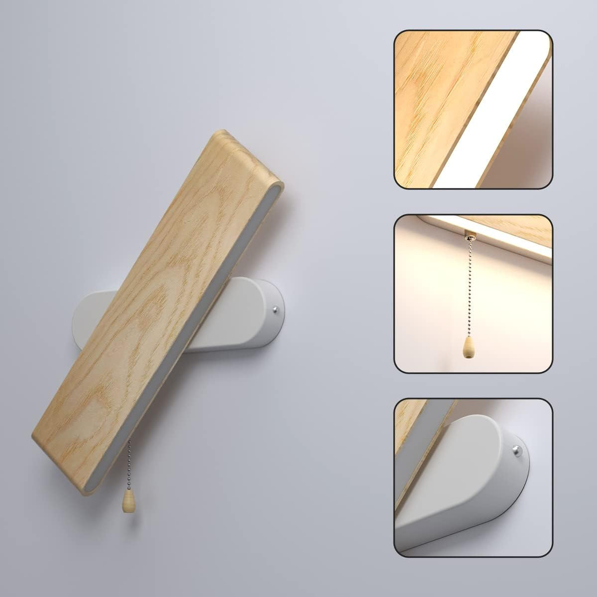 Applique Da Parete LED, Lampada Da Parete Interno Con Interruttore in Legno 360° Girevole LED Applique per Soggiorno Camera Da Letto Corridoio Bianca Calda Lampada a Muro (32Cm)